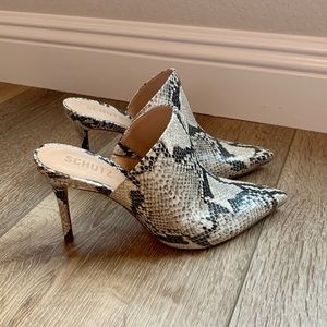 SCHUTZ Snake Print Mules in Black and Cream